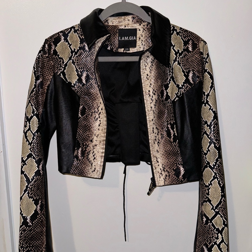 I am Gia leather snakeskin cropped jacket